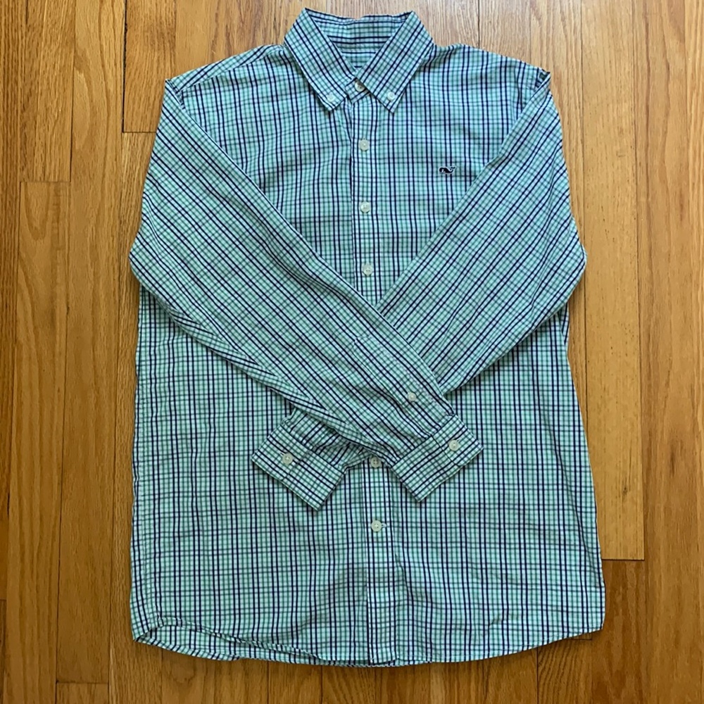 Vineyard Vines - 100% cotton blue/green plaid button down shirt